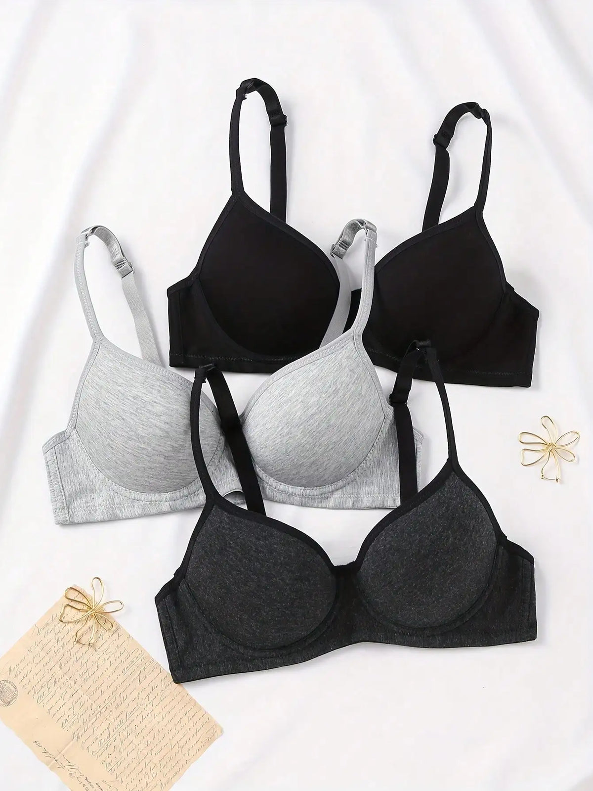 Roupa íntima feminina de algodão de 3 peças, suporte de anel de aço brilhante, acolchoado push up, sutiã bralette íntimo, uso diário confortável