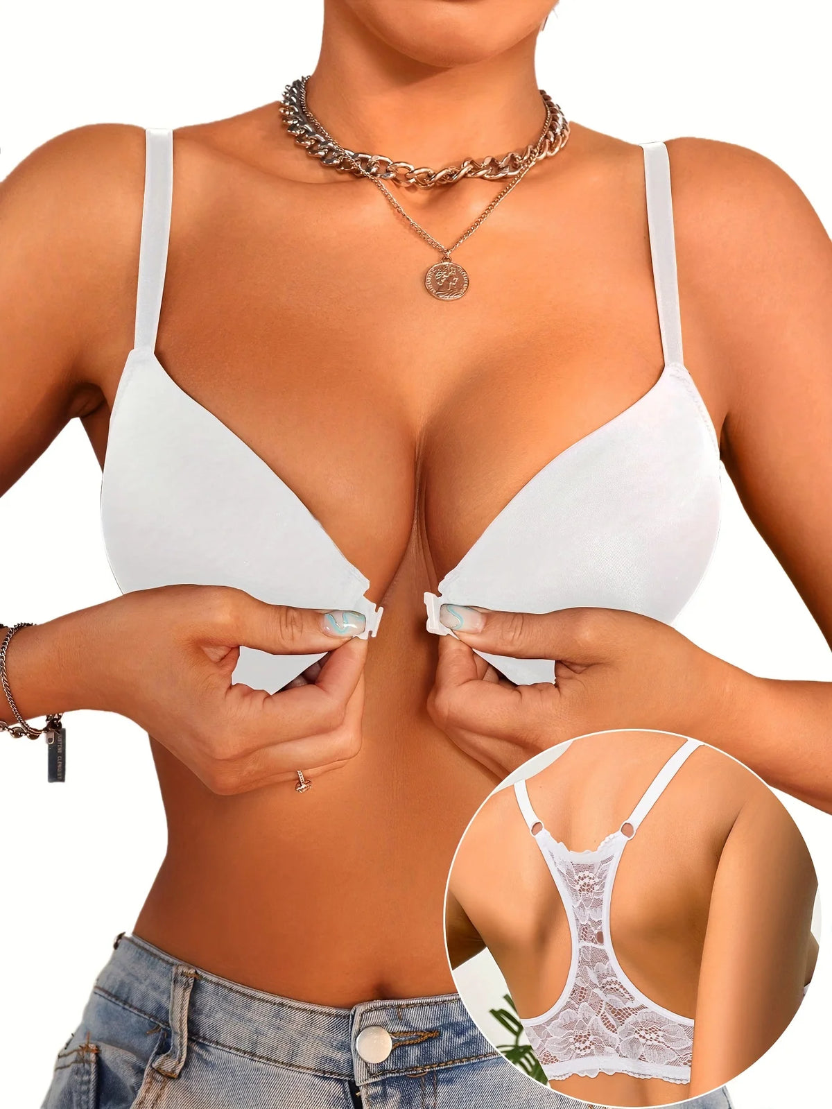 Sutiã sexy com decote em v profundo com botão frontal para mulheres, roupa íntima de renda linda nas costas, push-up, confortável, bonito, sutiã íntimo para mulheres