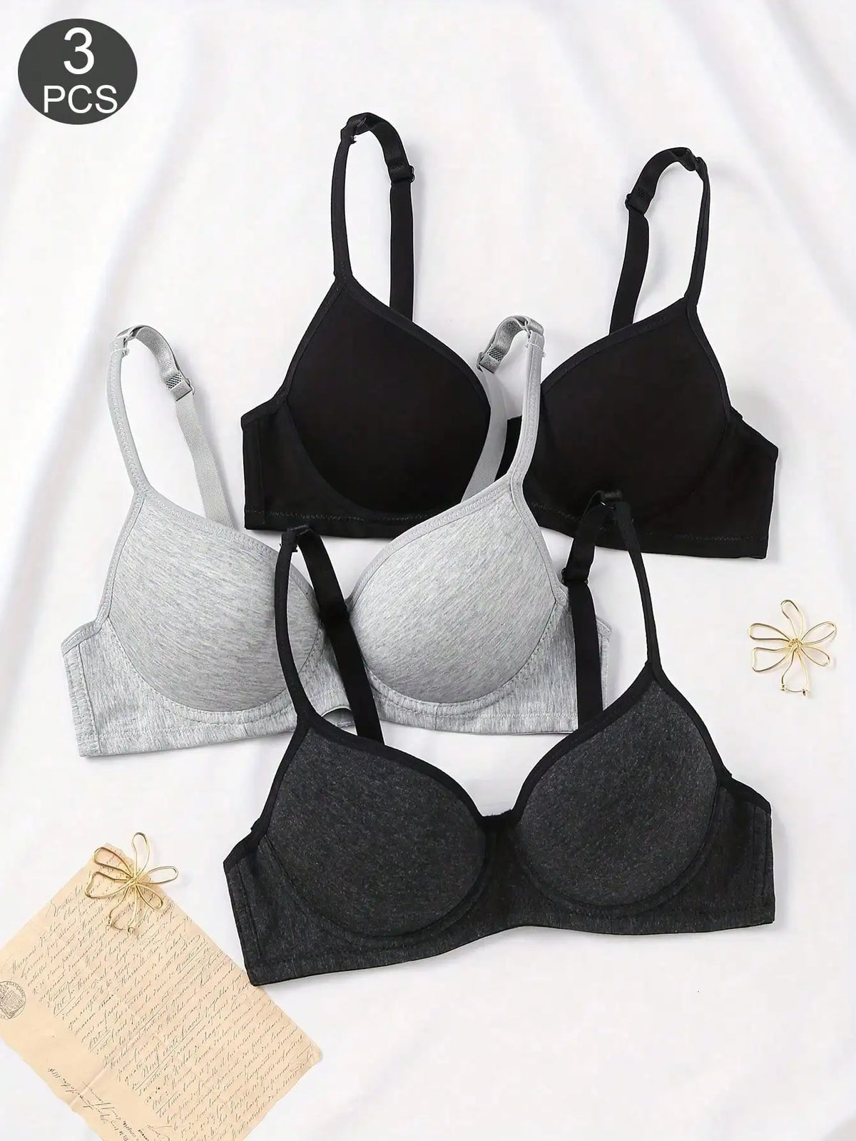 Roupa íntima feminina de algodão de 3 peças, suporte de anel de aço brilhante, acolchoado push up, sutiã bralette íntimo, uso diário confortável