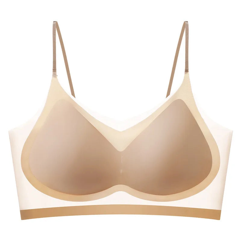 Sutiã de seda de gelo respirável ultra fino para mulheres, bustier sem costura, colete halter traseiro, sutiã pequeno, roupas íntimas juntas