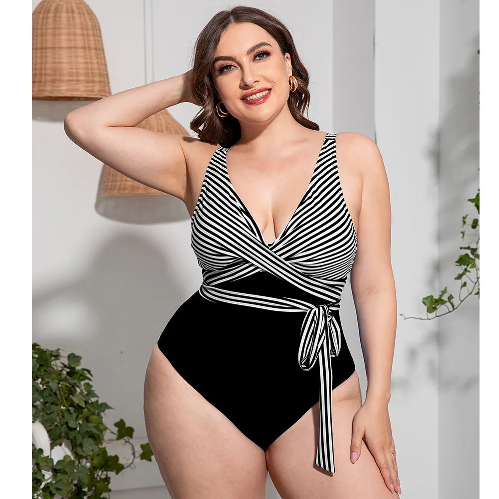 Vigojany 2025 retalhos listra impressão plus size banho feminino push up grande maiô de uma peça praia gordinho grande maiô