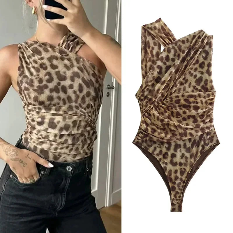 Bodysuit feminino estampado leopardo de malha sem mangas, bodysuit apertado fora do ombro, tule, lingerie corporal sexy, verão, 2024