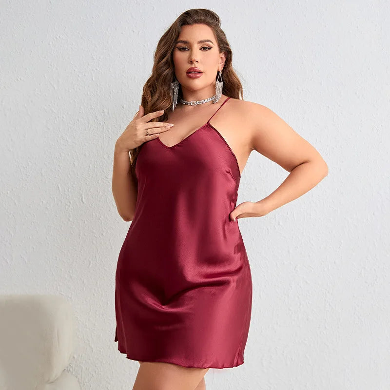 Plus Size cetim seda camisola para mulheres, sem mangas sólido cruz volta sleepwear, sexy v pescoço feminino pijamas, casa roupa