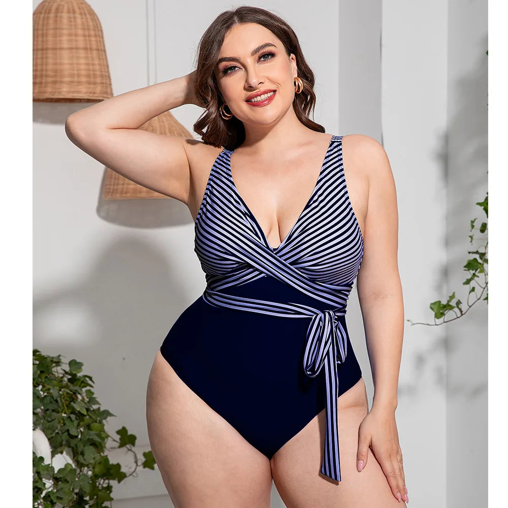 Vigojany 2025 retalhos listra impressão plus size banho feminino push up grande maiô de uma peça praia gordinho grande maiô