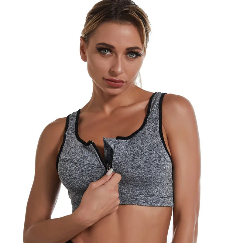 Sutiã Esportivo reunido sem anel de aço para mulheres, Running Vest, Frente Zipper Tops, Sexy Shockproof, Cor sólida, Fitness