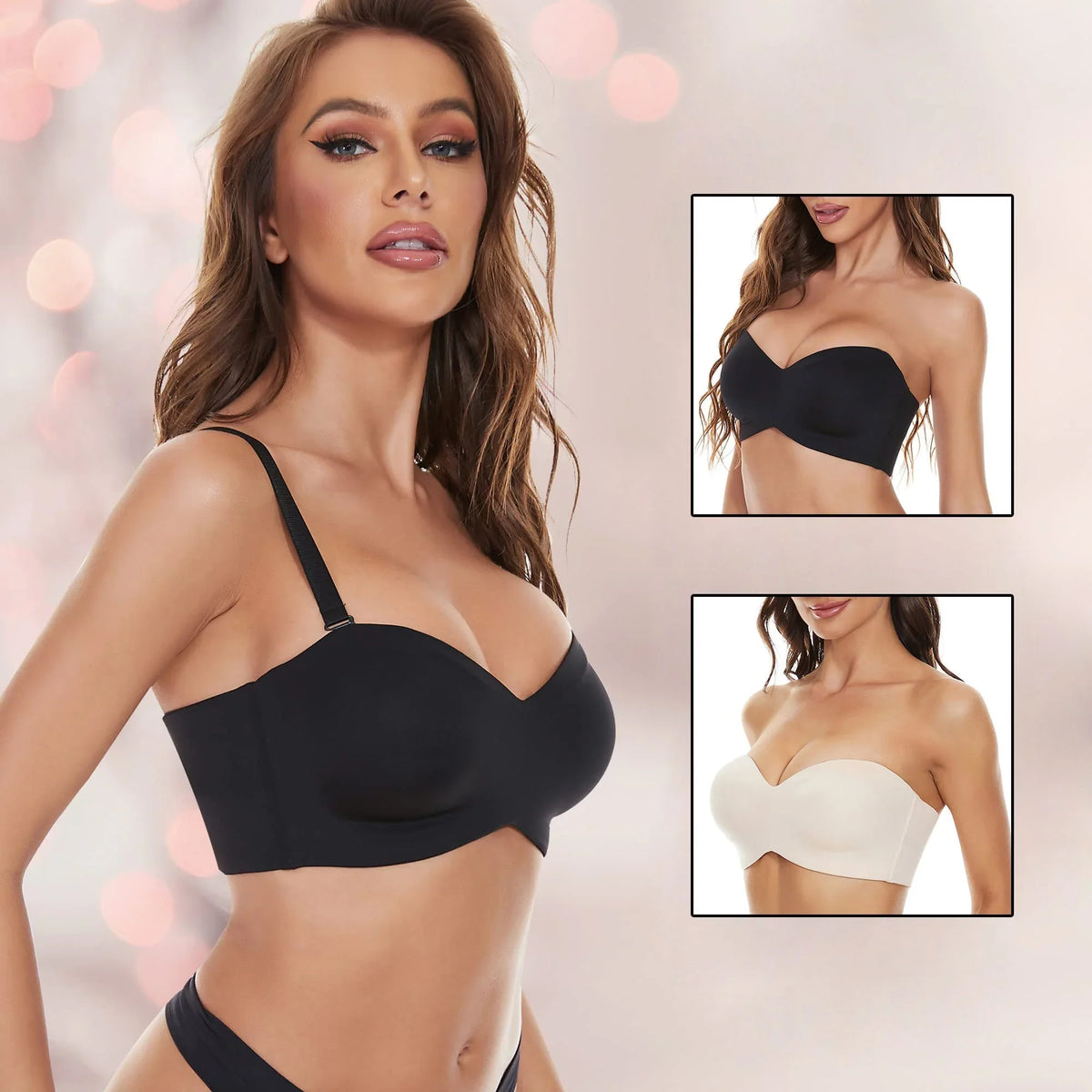 Sutiã Push Up Strapless, Sutiã sem alças removível, Bandeau conversível, Suporte completo, Beleza Cueca traseira