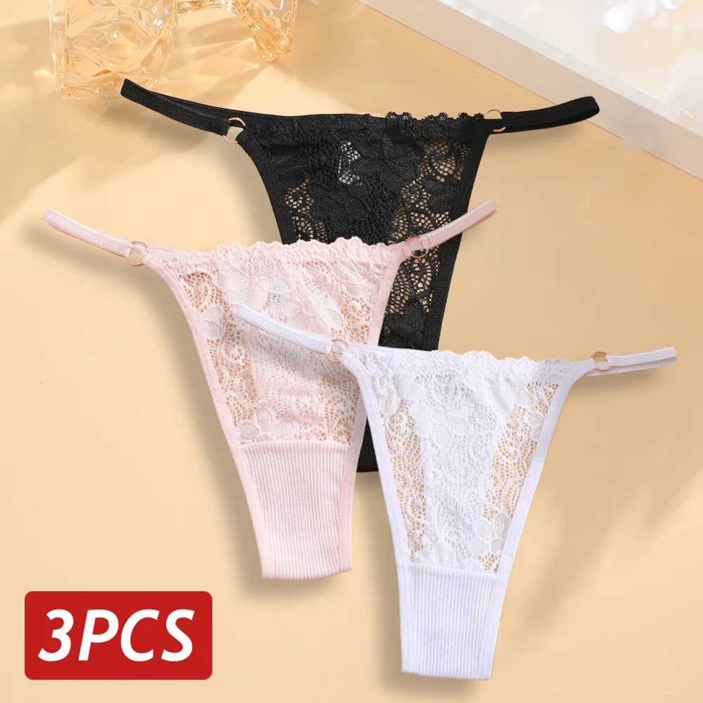 Tangas de algodão de baixa ascensão para mulheres, T-Back G-String, roupa íntima feminina transparente com alça fina, calcinha sexy, 3 peças