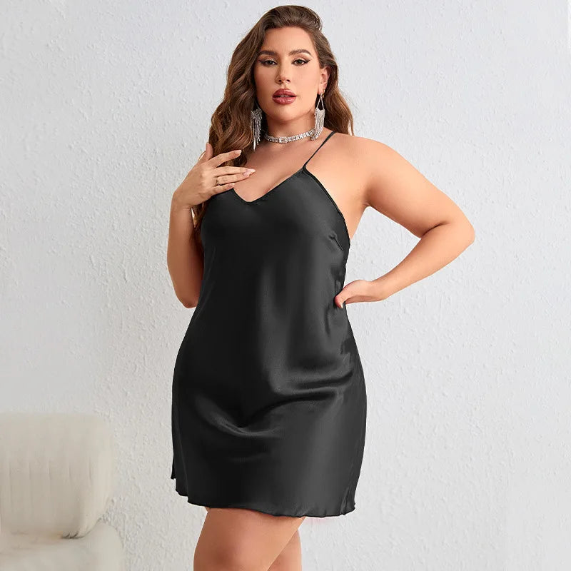 Plus Size cetim seda camisola para mulheres, sem mangas sólido cruz volta sleepwear, sexy v pescoço feminino pijamas, casa roupa