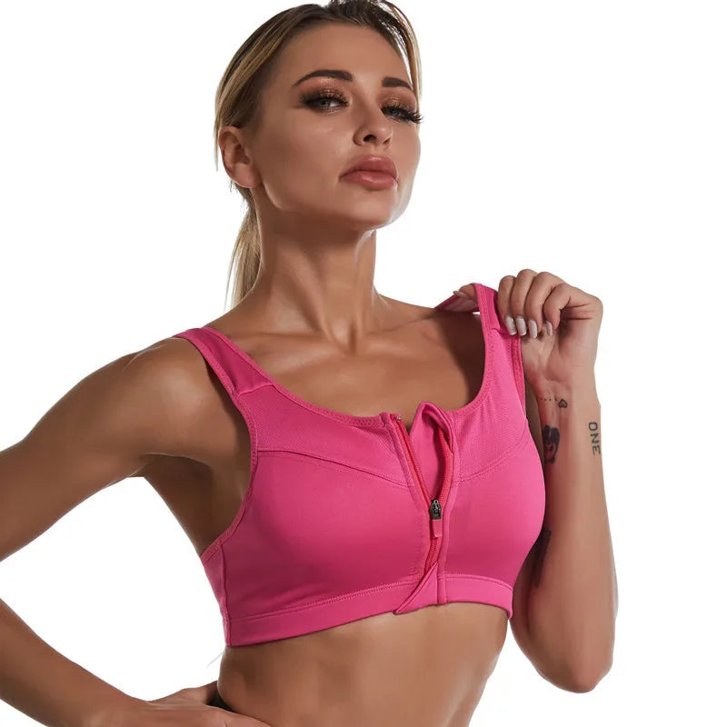 Sutiã Esportivo reunido sem anel de aço para mulheres, Running Vest, Frente Zipper Tops, Sexy Shockproof, Cor sólida, Fitness