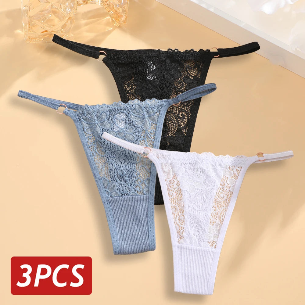 Tangas de algodão de baixa ascensão para mulheres, T-Back G-String, roupa íntima feminina transparente com alça fina, calcinha sexy, 3 peças