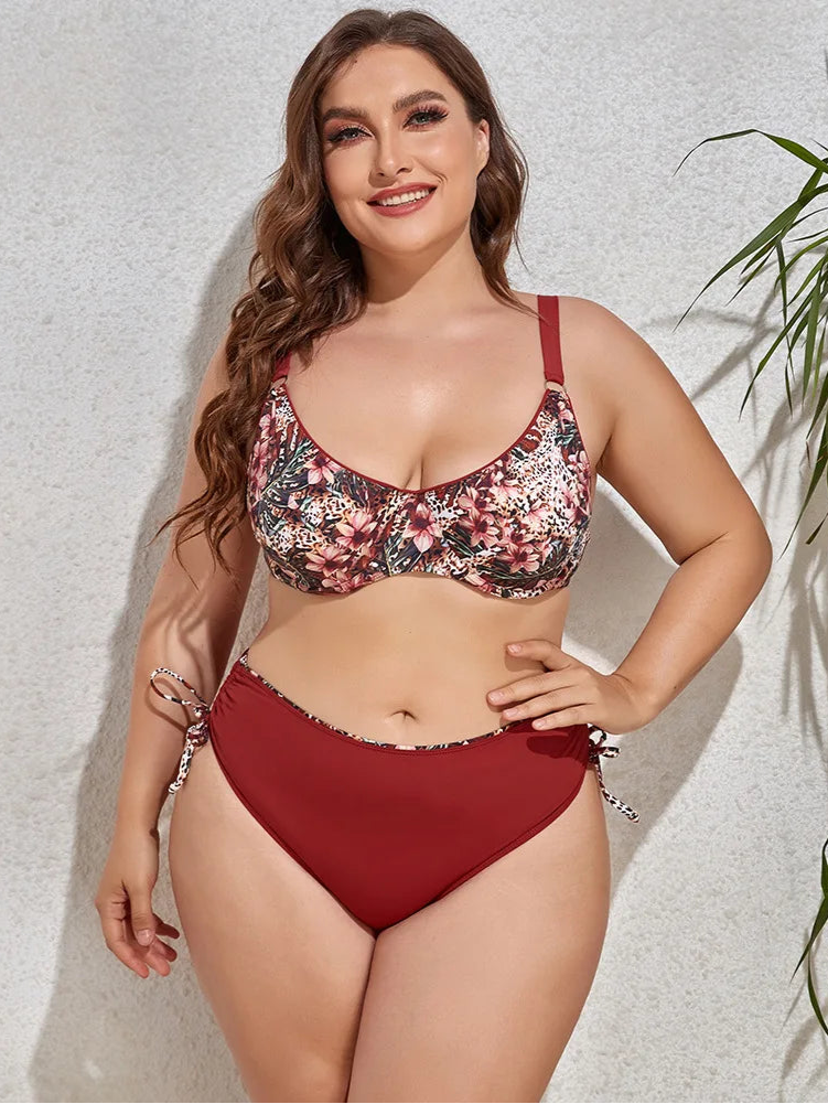 Vigojany 2025 impressão amarrada 2 peça plus size biquíni feminino sexy push up cintura alta grande maiô sem costas gordinho maiô