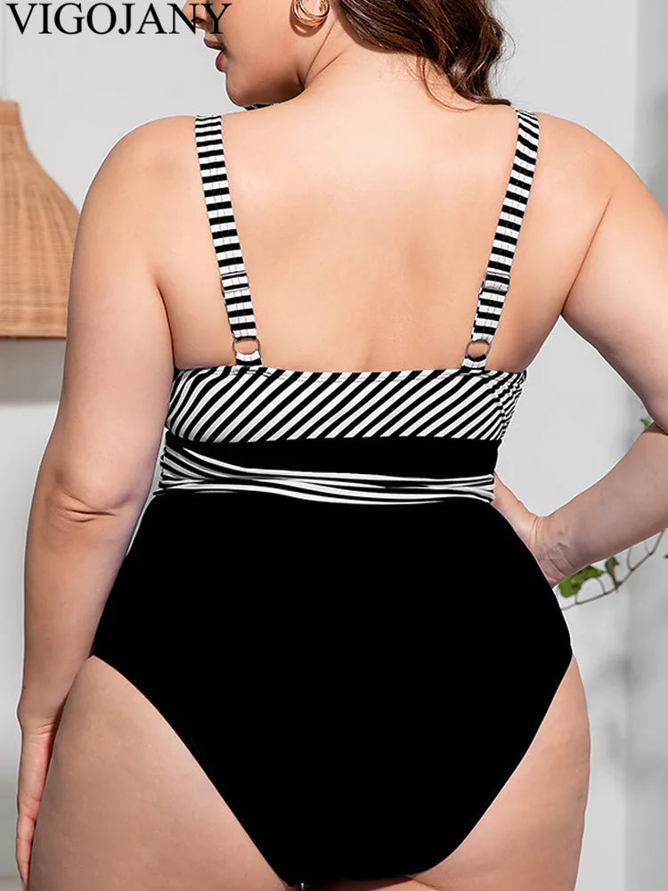 Vigojany 2025 retalhos listra impressão plus size banho feminino push up grande maiô de uma peça praia gordinho grande maiô