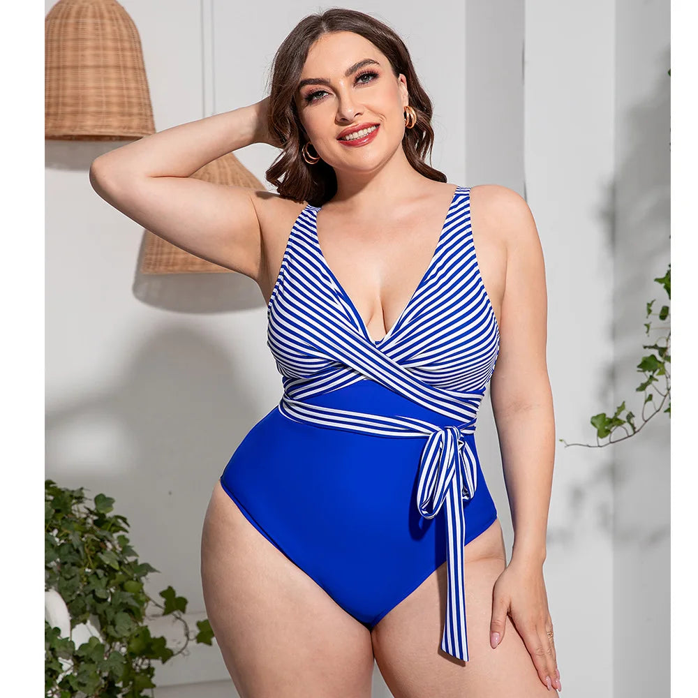 Vigojany 2025 retalhos listra impressão plus size banho feminino push up grande maiô de uma peça praia gordinho grande maiô