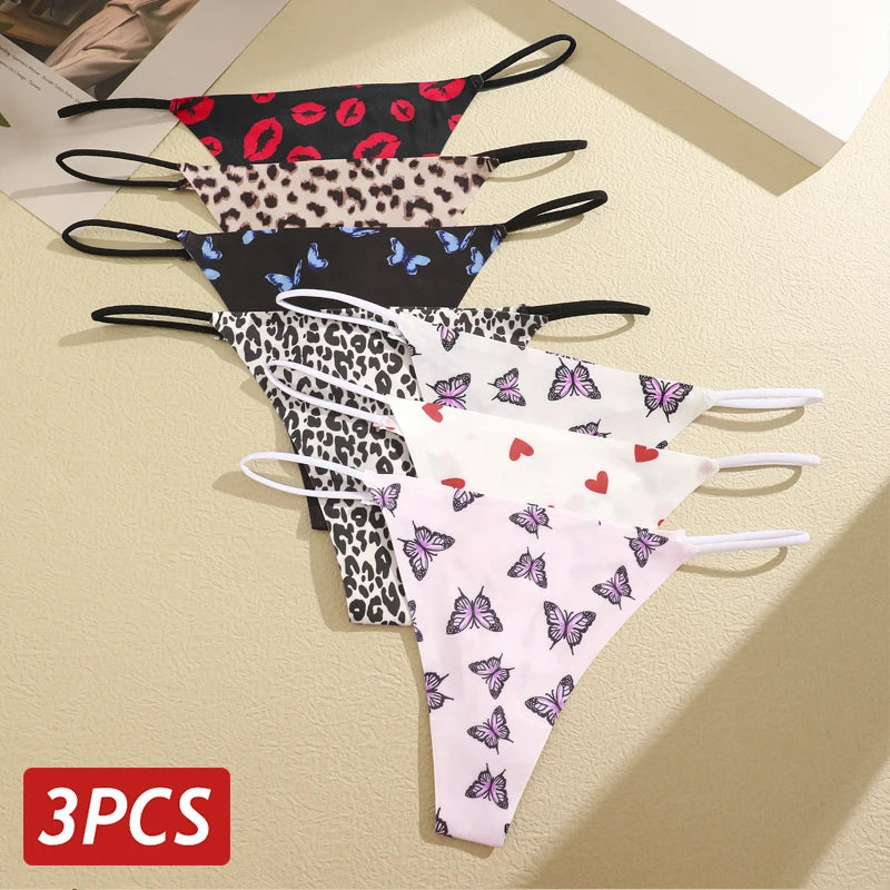 Tanga Leopardo para Mulheres, Calcinha T-Back, Sexy G-String, Impressão de Moda, Borboletas, Amor, Coração, Lábios Vermelhos, Roupa Interior Padrão, 3 peças por conjunto