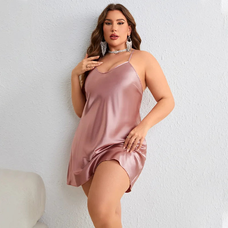 Plus Size cetim seda camisola para mulheres, sem mangas sólido cruz volta sleepwear, sexy v pescoço feminino pijamas, casa roupa