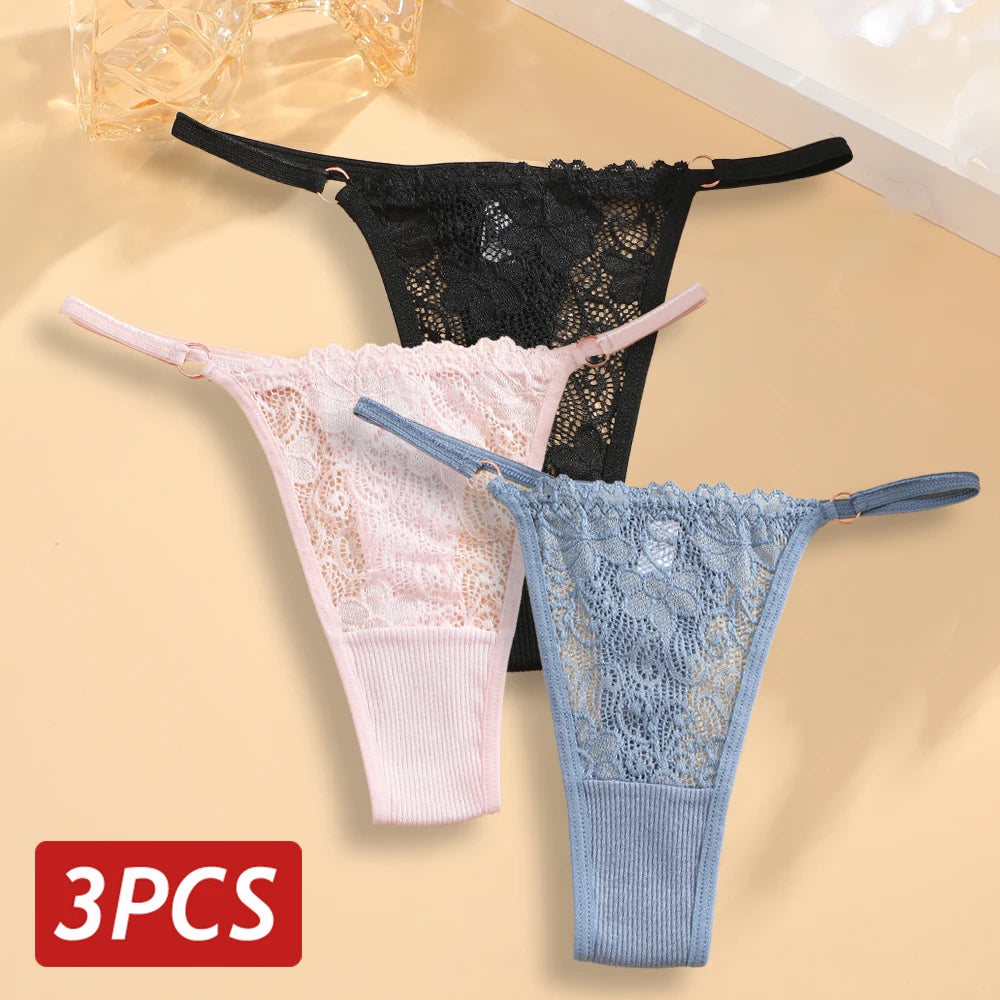 Tangas de algodão de baixa ascensão para mulheres, T-Back G-String, roupa íntima feminina transparente com alça fina, calcinha sexy, 3 peças