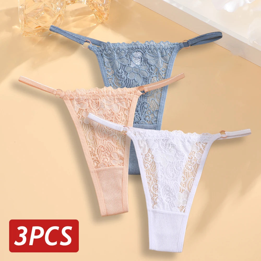 Tangas de algodão de baixa ascensão para mulheres, T-Back G-String, roupa íntima feminina transparente com alça fina, calcinha sexy, 3 peças